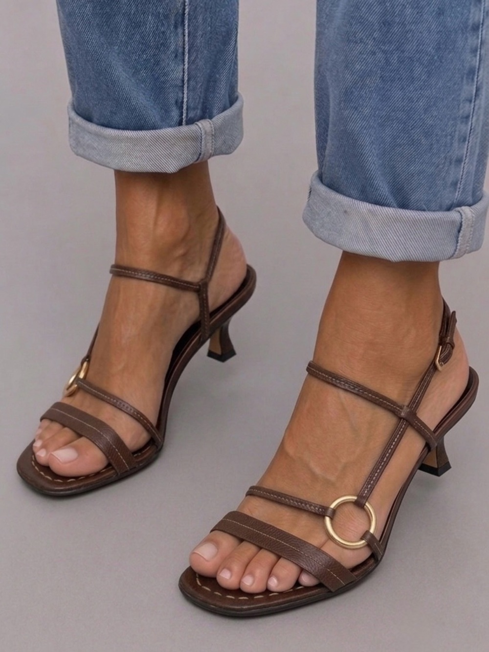 Vintage PRADA Brown Leather Ring Kitten Heel Sandals Size 37 Minimalist 90s Y2K